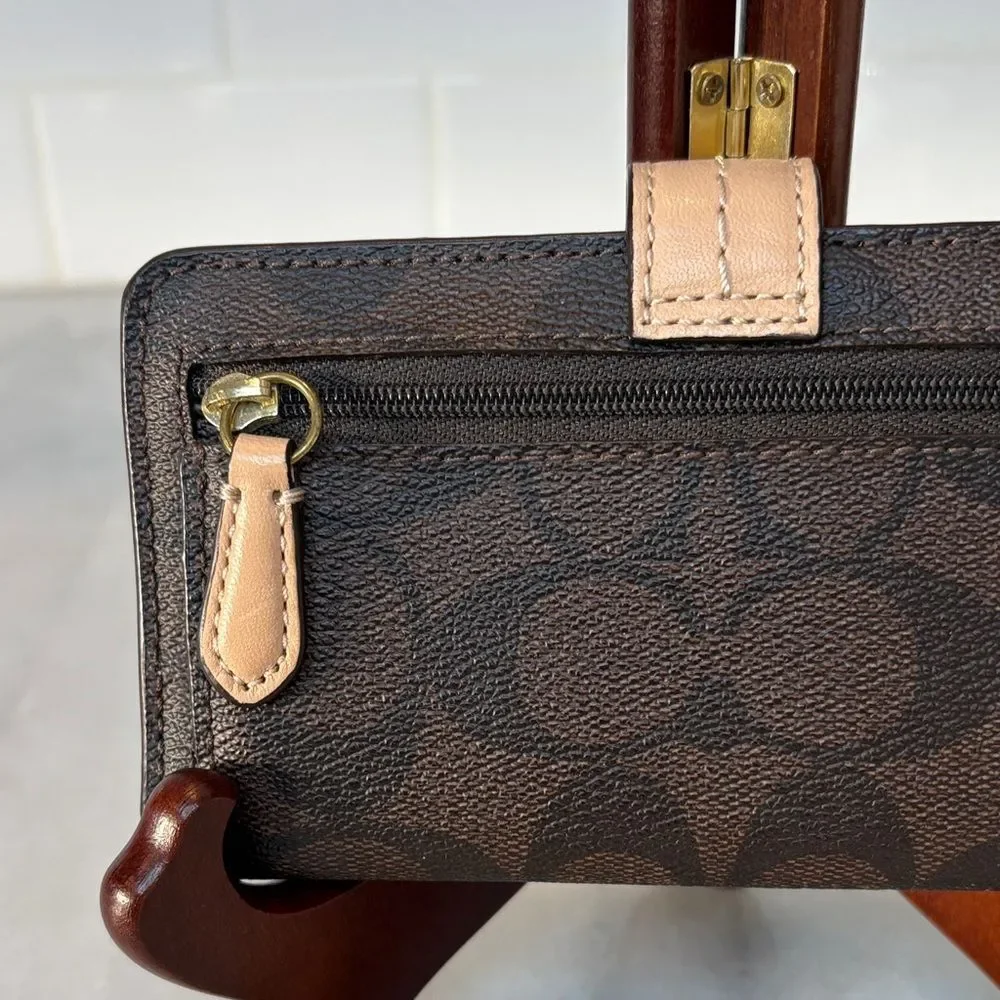 Coach Wallet Signature Logo Coated Canvas Slim Brown Tan Black Designer